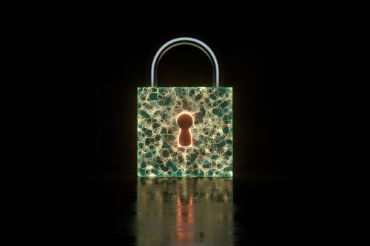 Security lock with glowing sketch lines, 3d rendering. Computer digital drawing.