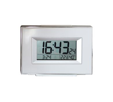 Silver color digital clock made from plastic material and white background and isolated studio shot.