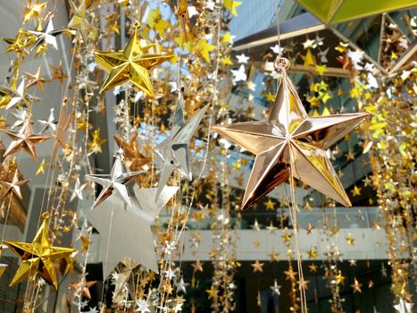 Shinny modern style decoration star for Christmas and New Year celebration festive and outdoor shot.