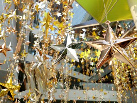 Shinny modern style decoration star for Christmas and New Year celebration festive and outdoor shot.