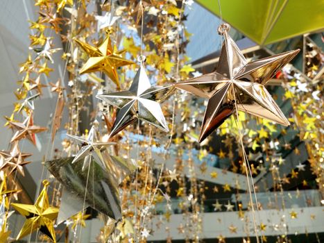 Shinny modern style decoration star for Christmas and New Year celebration festive and outdoor shot.