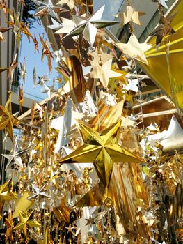 Shinny modern style decoration star for Christmas and New Year celebration festive and outdoor shot.