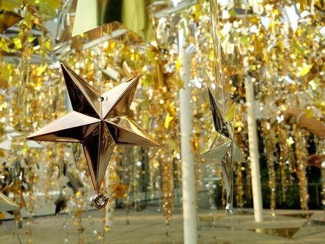 Shinny modern style decoration star for Christmas and New Year celebration festive and outdoor shot.