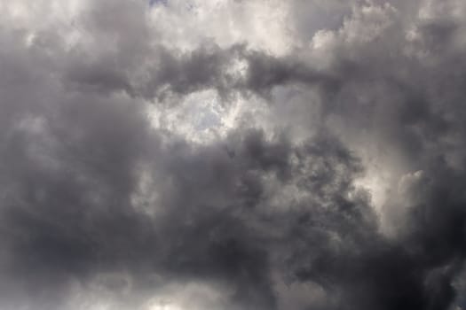 Gray summer storm clouds full frame background. Zenith view from ground surface.