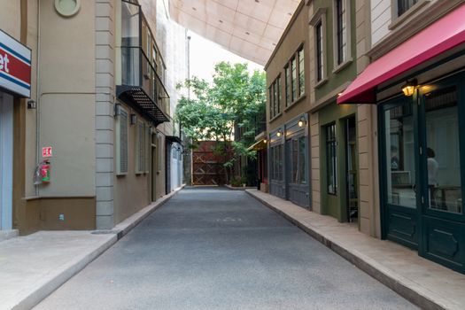 Deserted street with commercial establishments. coffee shop, cinema, convenience store. TV forum. Study 7