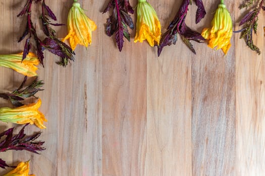 Wooden background with pumpkin flowers and purple epazote, for copy space. Food background