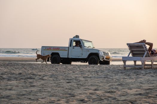 Lifeguards car on the beach, Goa India