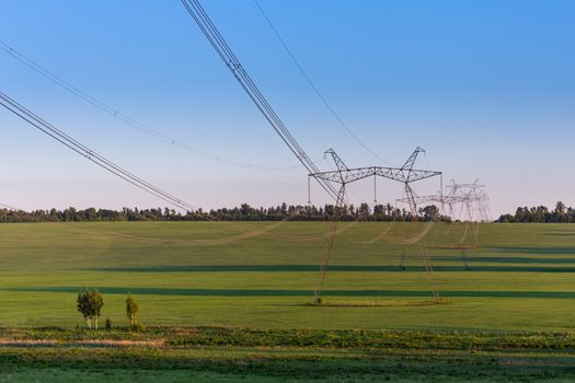 huge power line towers on field at summer evening.