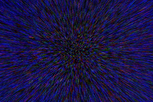 natural lens zoom explosion radial blurred red green blue dots on black background.