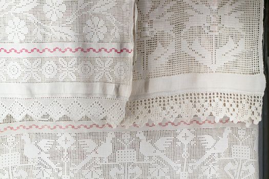 Traditional folk art knitted embroidery pattern on textile fabric, Belarus collection