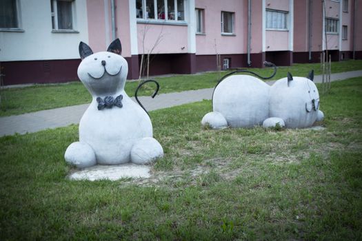Sculpture of Cats. Two funny cats, Belarus, summer