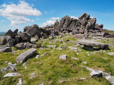 Shattered rocky summit of Carn Menyn in the Preseli Hills which is thought to be the source of some of the bluestones used to build Stonehenge, Pembrokeshire Coast National Park, Wales, UK