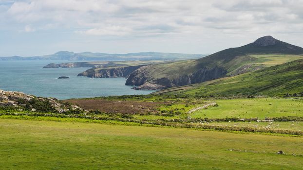 View from the St Davids peninsula of the coves, cliffs and rocky outcrops along the dramatic coastline, Pembrokeshire Coast National Park, Wales, UK