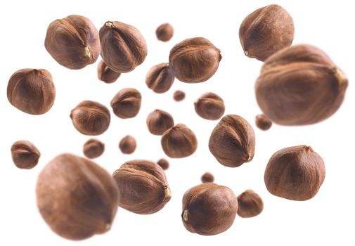 Peeled hazelnut levitates on a white background.