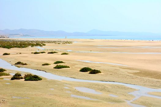 View of Sotavento beach with lagoons near Costa Calma village resort in Fuerteventura, Spain.