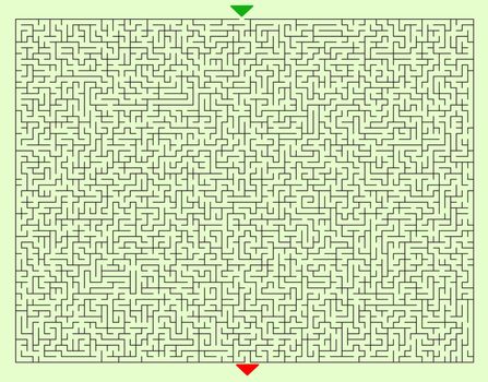 Hard Square Maze Template with Green Entry Mark and Red Exit Mark on a Green Background.