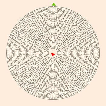 Hard Circle Maze Template with Red Entry Mark and Green Exit Mark on a Light Orange Background.