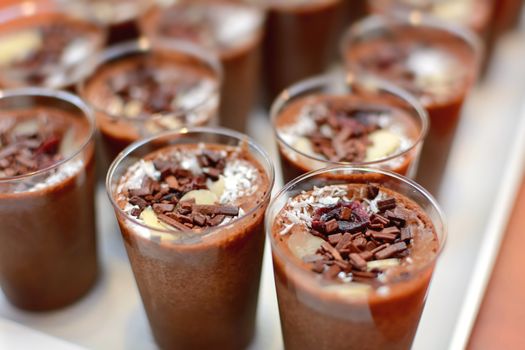 Close up of the Chocolate Mousse Desserts in the Small Cups.