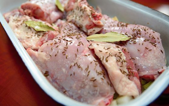 Pieces of a uncooked seasoned rabbit and pork meat in a roasting pan.