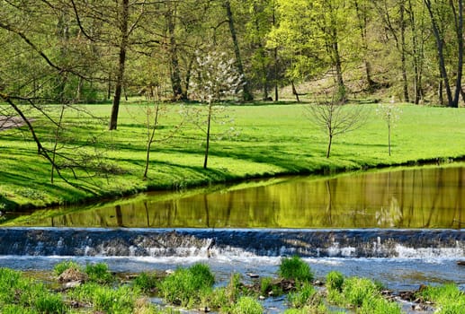 View of a river in the green park in a sunny day. Vlasim castle park.