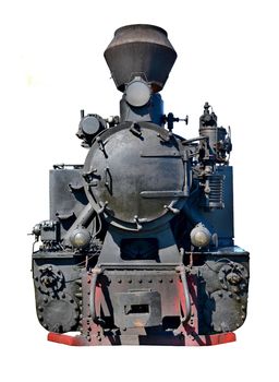 Front view of old classic steam locomotive isolated on white background.