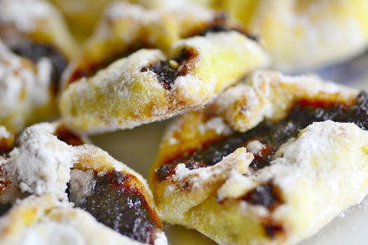 Macro shot of the traditional Czech cakes sprinkled with sugar and stuffed with plum jam.