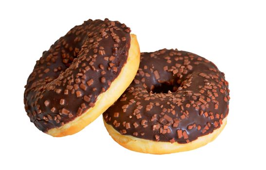 Closeup of two doughnuts with chocolate glaze isolated on a white background.