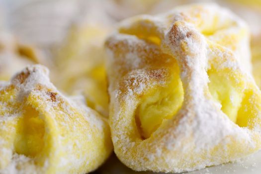 Macro shot of the traditional Czech cakes stuffed with curd and sprinkled with sugar.