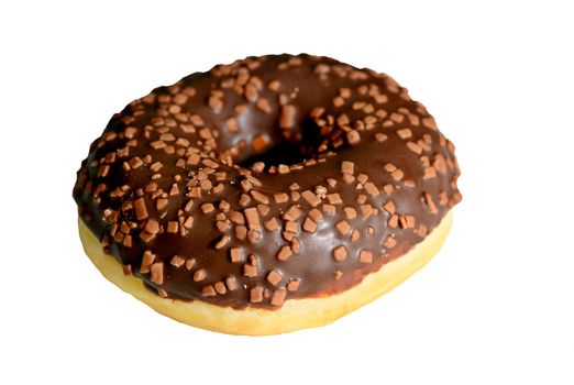 Closeup of one doughnut with chocolate glaze isolated on a white background.