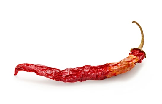 Closeup of single dried red hot chilli pepper on white background.