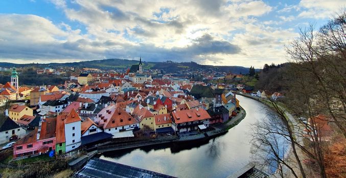 Panoramic aerial view of beautiful town Cesky Krumlov with Vltava river, Czech Republic.