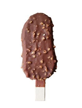 Ice cream bar with chocolate coating with roasted almonds pieces isolated on white background.