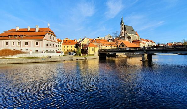 Panoramic view of beautiful town Cesky Krumlov with Vltava river and castle, Czech Republic.