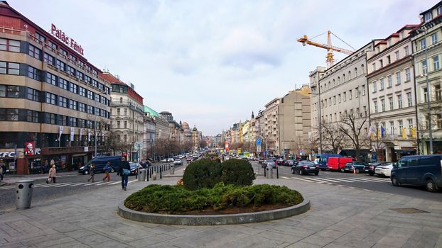 PRAGUE, CZECH REPUBLIC - FEBRUARY 20, 2019: A view of Wenceslas Square in Prague, Czech Republic.