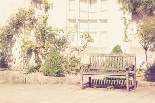 a wooden bench in a beautiful garden on a sunny day,