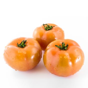 Three tomatoes covered with drops of clear water, after a thorough cleaning.