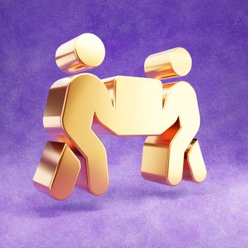 People carry icon. Gold glossy People carry symbol isolated on violet velvet background. Modern icon for website, social media, presentation, design template element. 3D render.