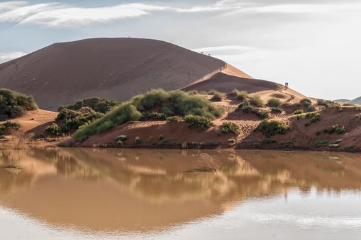 A view accross Sossusvlei, filled with water, and a sand dune with people on it