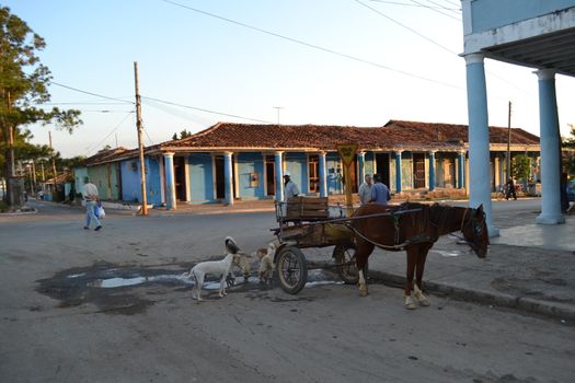 Trinidad, Cuba, March 2011: Street scene in Trinidad, Cuba, with horse carriage, stray dogs and people