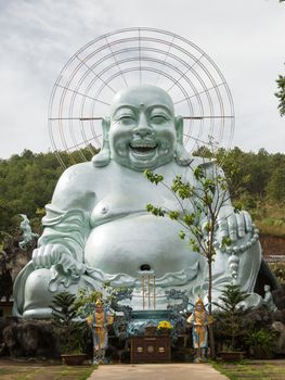 Linh An pagoda central Vietnam with famous huge silver smiling buddha. High quality photo