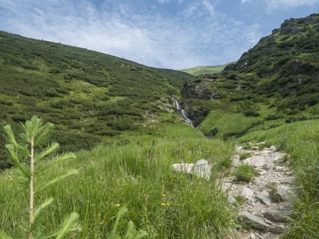 Sarafiovy vodopad waterfall in Beautiful summer mountain landscape near Ziarska chata in Ziarska dolina valley in Western Tatras mountains in Slovakia.