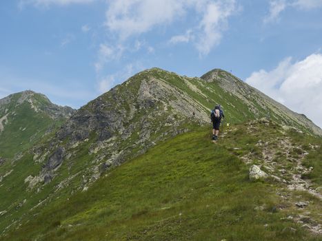 View from Banikov peak on Western Tatra mountains or Rohace panorama. Sharp green mountains - ostry rohac, placlive and volovec with hiking trail on ridge. Summer blue sky white clouds