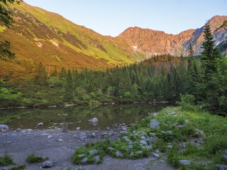 View on Tatliakovo jezero or pleso, mountain lake in Western Tatras mountains, Rohace Slovakia. Beautiful spruce forest and mountain peak landscape in orange sunset light