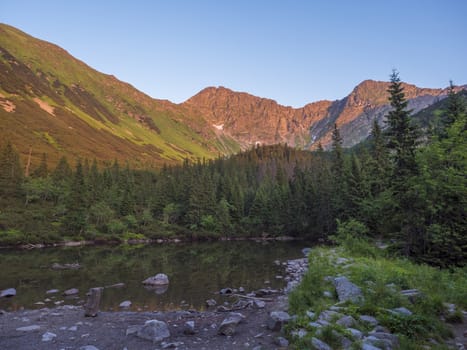 View on Tatliakovo jezero or pleso, mountain lake in Western Tatras mountains, Rohace Slovakia. Beautiful spruce forest and mountain peak landscape in orange sunset light