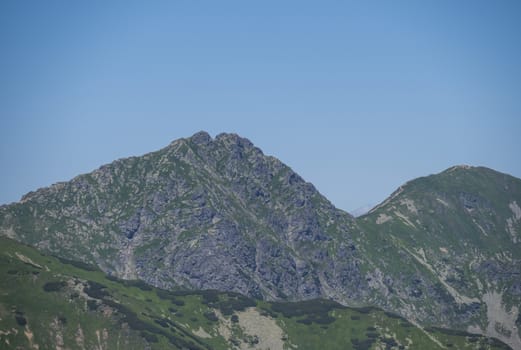 Close up view on ostry rohac two peaks. Sharp green grassy rocky mountain peaks with scrub pine and alpine flower meadow. Mountain landscape of Western Tatra mountains or Rohace. Summer blue sky background.