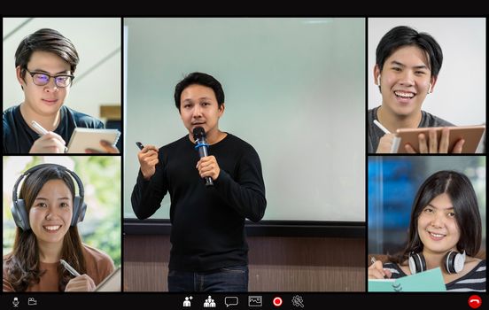 Asian Teacher or Speaker and student e-learning and meeting with colleague in video call conference when Covid-19 pandemic,Coronavirus outbreak,online meeting,Social distancing and new normal concept