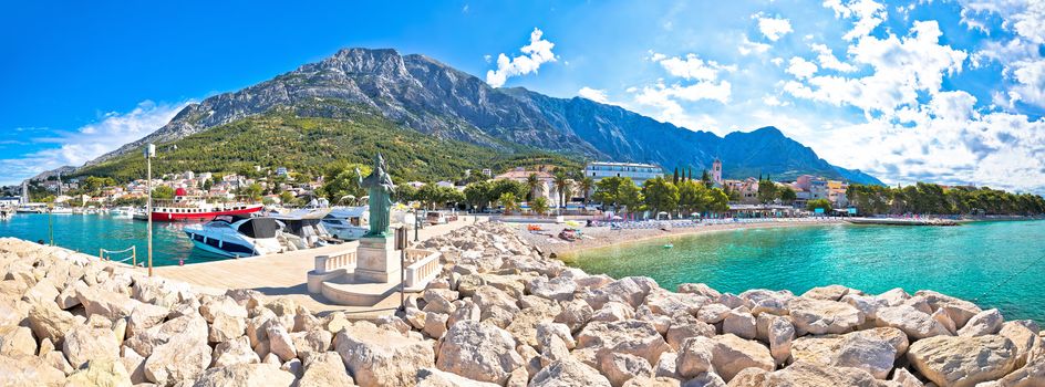 Town of Baska Voda beach and waterfront panoramic view, Makarska riviera in Dalmatia, Croatia