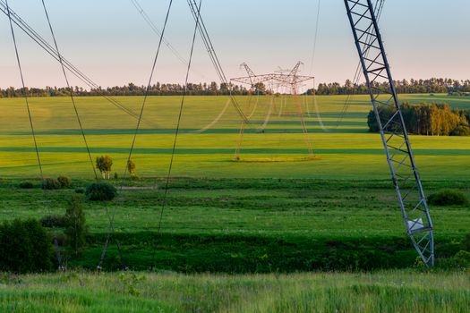 huge power line towers on field at summer evening.