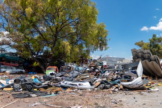 Old damaged cars on the junkyard waiting for recycling in Mexico City. Mexico