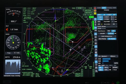 Ship control panel. a Navigational devices and echolocation and radar monitors.